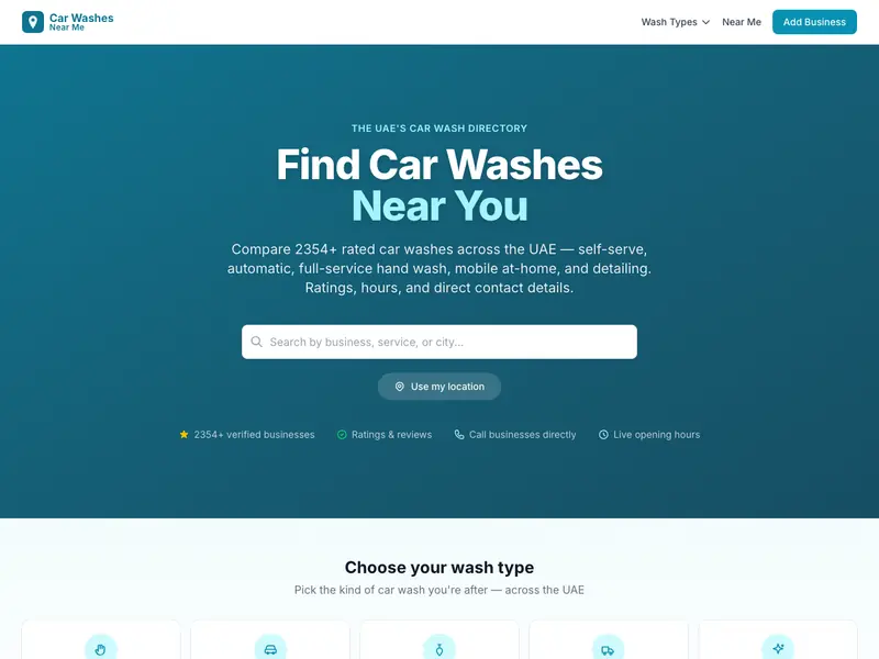 Screenshot of the Car Washes Near Me UAE homepage